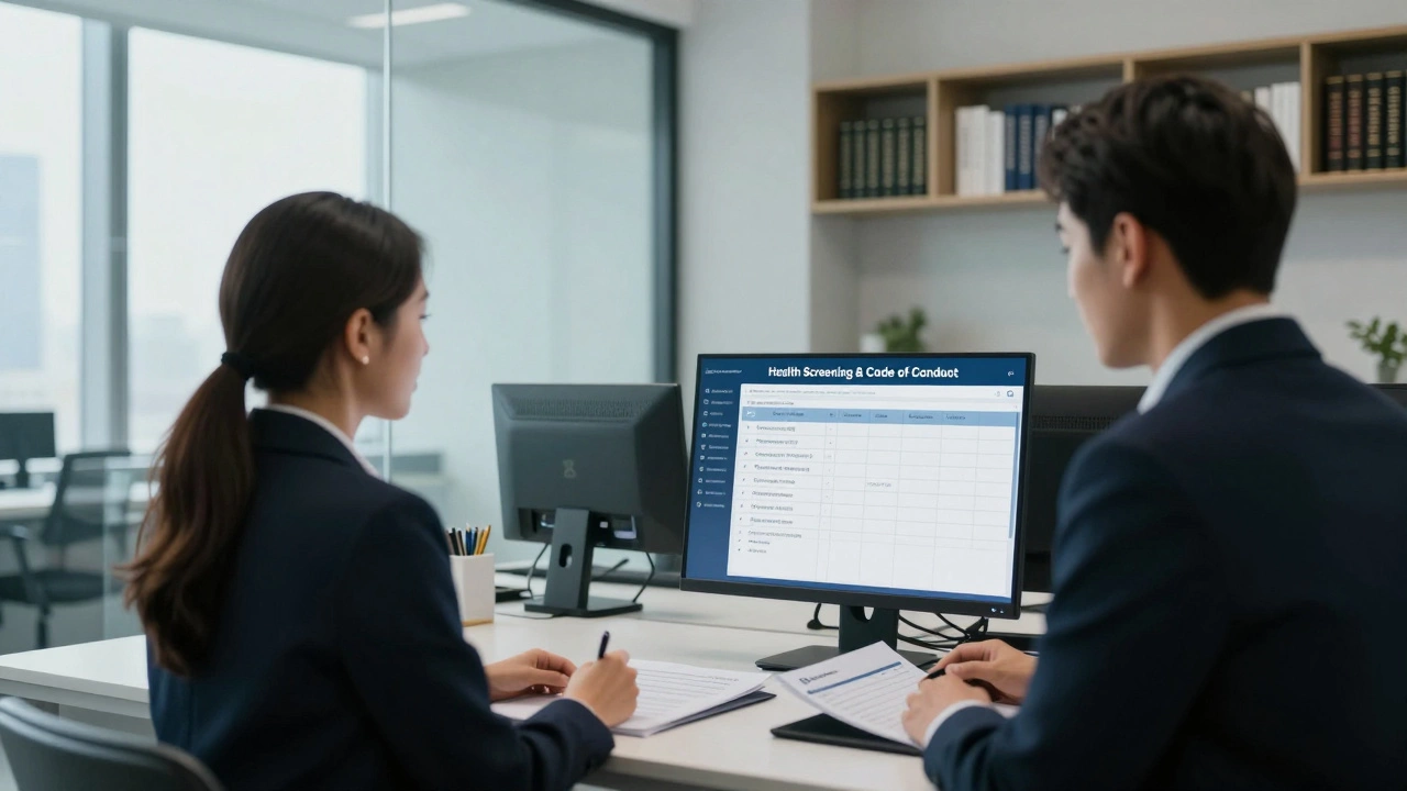 A professional companion undergoing a background check in a modern Dubai agency office.