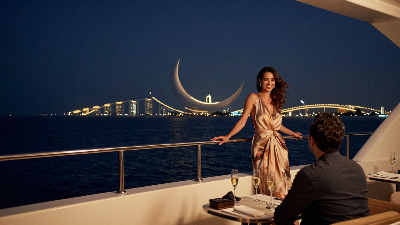 A woman and guest enjoying a sunset cruise off Palm Jumeirah, no physical intimacy.