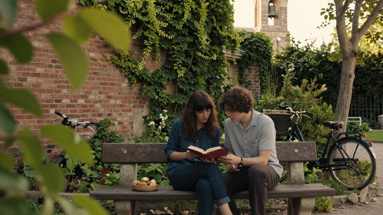 Two individuals share a book and pastries in a secluded Paris garden at dusk.