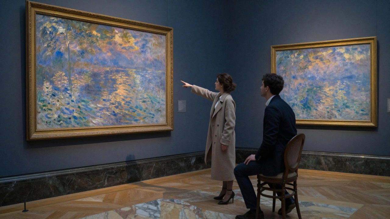 Two people admire a Monet painting in the empty Musée d&#039;Orsay after hours.